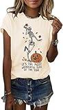 Womens It's The Most Wonderful Time of The Year Halloween Shirt Fall Skeletons Dancing Graphic Tee Pumpkin Face Tops(M,Beige02)