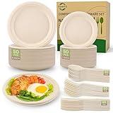 FEHHTO Compostable Paper Plates Set, 250PCS Disposable Heavy-Duty Sugarcane Plate and Eco-Friendly Utensil Biodegradable Dinnerware Plates, Extra Long Forks & Knives & Spoons for Party