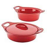 Rachael Ray Solid Glaze Ceramics Casserole Bakers/Baking Dish with Shared Lid Set, 3 Piece, Red