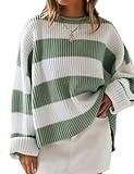 ZESICA Women's Fall Long Sleeve Crew Neck Striped Color Block Comfy Loose Oversized Knitted Pullover Sweater,Green,Small