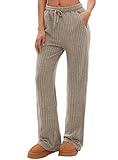 Darong Women's Casual Drawstring Elastic Waisted Trousers Ribbed Knit Straight Leg Long Pants 9069 Khaki L