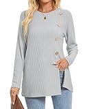 GOUCHEN Long Sleeve Shirts for Womens Fall Fashion Tunic Tops 2024 Dressy Casual Blouses Trendy Buttons Front Slit (Grey, X-Large)