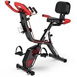 pooboo Folding Exercise Bike, Fitness Stationary Bike Machine, Upright Indoor Cycling Bike, 4-in-1 Magnetic X-Bike with 8-Level Adjustable Resistance, Bottle Holder, Arm Resistance Bands, Pulse Sensor & Back Support Cushion for Home Gym Workout (red)