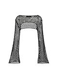 CIDER Women’s Crochet Shrug Mesh Crop Tops Hollow Out Long Sleeve Crochet Bolero Sweater Beach Cover Ups Y2K Tops Black