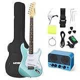 MOSEN 39in Full Size Beginner Electric Guitar Starter Kit, Beginner Starter, with Amplifier, SSS Pickups, Gig Bag, Pick, Tunner, Capo, Cable, Tremolo Bar, Wiping cloth - Blue