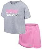 New Balance Girls Scooter Set - 2 Piece Fleece Short Sleeve Graphic Tee and Activewear Skorts for Girls (Sizes: 7-12), Size 7-8, Grey Pink