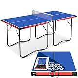 SereneLife Midsize Foldable Ping Pong Table Set with Net, Clipper, Post - 6' x 3' Portable Space-Saving Design, Blue