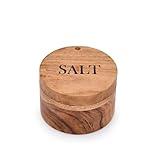 EDHAS Acacia Wood Round Condiment Pot with Magnetic Swivel Lids for Kitchen Countertop Salt Engraved on Lid (3.5” x 3.5” x 2.5”)