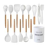 Country Kitchen Non Stick Silicone Utensil Set with Rounded Wood Handles for Cooking and Baking, 14 Piece Set, White