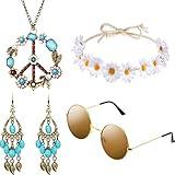 Hicarer Hippie Costume Accessories Include Sunglasses, Peace Sign Necklace, Boho Headband and Earring for 60s 70s Party(White)
