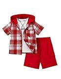Fdqin Boys' Clothing Sets Short Sleeve Button Down Plaid Shirt Matching Jogger Shorts for Youth Outfits Red 11-12 Years