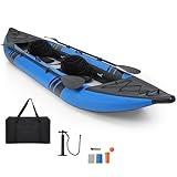 GYMAX Inflatable Kayak, 12.5Ft 507lbs Tandem Kayak with 2 Aluminum Paddles, 2 Padded Seats, Footrests, 2 Fins, Hand Pump, Carry Bag & Repair Kit, 2 Person Fishing Touring Kayak for Adults Youth (Blue)