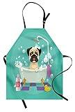 Lunarable Cartoon Apron, Pug Dog in Bathtub Grooming Salon Service Shampoo Rubber Duck Pets in Style Image, Unisex Kitchen Bib with Adjustable Neck for Cooking Gardening, Adult Size, Teal