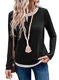 SHEWIN Graphic Tees for Women Trendy Casual Crewneck Long Sleeve Color Block Soft Comfy Vintage T Shirts for Women Black Small