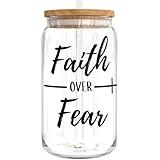 KLUBI Christian Gifts for Women Faith Over Fear Gifts for Christian Women 16oz Glass Religious Gifts for Women Faith Gifts for Women Catholic Gifts Women Faith Based Gifts for Women Christmas Gifts