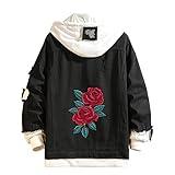 Lpstop Red Rose Flower Print Denim Jacket Graphic Hoodie Y2K Lightweight Jacket for Teen Adult