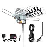 Digital Outdoor Amplified HD TV Antenna 150 Miles Long Range with Mounting Pole, 33ft RG6 Coax Cable, Supports 4K 1080p, VHF UHF, Rotates for 2 TVs - Wireless Remote Included