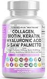 Clean Nutraceuticals Collagen Pills 1000mg Biotin 10000mcg Keratin Saw Palmetto 2500mg Hyaluronic Acid - Hair Skin & Nails Vitamins & DHT Blocker with Vitamin E Folic Acid Pumpkin Seed MSM - 90 Count