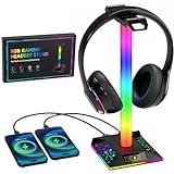 Hcman Headphone Stand Gaming Headset Holder RGB PC Gaming Accessories for Desk, Cool LED Headset Stand with 2 USB Charger for Gamer, Black