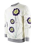 SCREENSHOT-F11351 Mens Urban Hip Hop Premium Streetwear Fleece Top - Flower Embroidery Patch Street Fashion Crewneck Pullover Sweatshirt-Cream-Medium