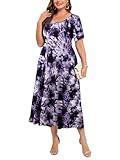 LARACE Plus Size Dresses for Women Summer Casual Short Sleeve Long Dress Flowy Maxi Beach Dresses with Pockets(T12-DarkPurple 4X)