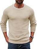 URRU Mens Long Sleeve Sweater Casual Textured Knitted Pullover Sweater Solid Soft Honeycomb Sweaters Khaki S