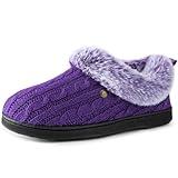 HomeTop Women's Cable Knit Slippers Breathable Warm Comfy Non-slip Indoor Outdoor House Shoes with Fuzzy Collar Royal Purple, 7-8 US