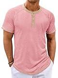 Makkrom Mens Henley Shirts Short Sleeve Casual Summer Basic T Shirts Button Vintage Lightweight Tee Tops Pink
