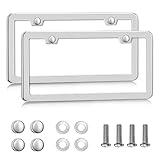 2-Pack Solid Silver Rust-Proof Car License Plate Frames - Universal Stainless Steel Holder With Screws & Caps for Women & Men by Lengnoyp