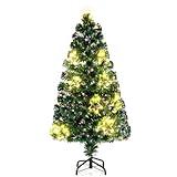 HAPPYGRILL 4 FT Pre-lit Fiber Optic Christmas Tree, Artificial Tree w/130 Branch Tips, 197 Warm White LED Lights, Top Star, 18 Star Decorations & Colorful Fiber Optics