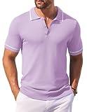 COOFANDY Mens Vintage Polo Shirts Casual Knit Short Sleeve Button Down Stretch Shirts Classic Golf Shirts Light Purple