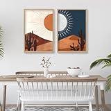 Sun and Moon Cactus Desert Landscape Wall Art Decor 16"x11" Modren Farmhouse Living Room Set of 2 Botanical Prints Wooden Framed Bedroom Boho Multicolor Minimal Wall Hanging Sign (Wood)