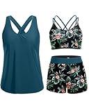 Holipick Green and Flower 3 Piece Tankini Swimsuits for Women Tummy Control Bathing Suits Swim Tank Top with Bra Boy Shorts Teen Swimwear L