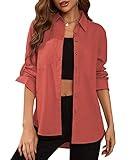 Deer Lady Womens Button Down Shirts Roll Up Long Sleeve Casual Blouse Shirts Tops Brick Red XL