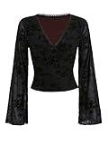 Floerns Women's Floral Print Flare Sleeve Lace Trim Mesh Crop Top Tee Shirts Black Mesh M