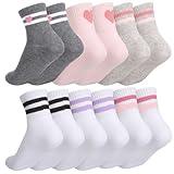 Jspupifip 6 Pairs Kids Girls Pink White Crew Athletic Socks with Retro Stripes Hearts, Casual Stretchy Socks for Girls and Boys 6-12 Years