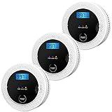 3 Pack Smoke and Carbon Monoxide detectors Powered by Batteries, with Digital Display, Smoke and Carbon Dioxide Dual Alarm sensors, Easy to Install Black