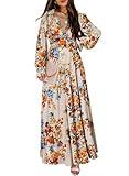 BLENCOT Womens Casual Floral V Neck Long Sleeve Long Evening Dress Cocktail Party Maxi Wedding Dresses Flower Printed Pattern P1822 Apricot Large