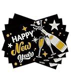 Seliem Happy New Year 2025 Black Gold Placemats Set of 4, Golden Champagne Stars Celebration Dining Table Place Mats, Christmas Kitchen Decor Home Decoration 12 x 18 Inch