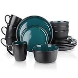 GOOD ALWAYS Plates and Bowls Sets, 16 Pieces Dinnerware Sets, Dishes Set for 4, Christmas, Kitchen Set is Home Essentials, Dark Green & Black