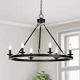 Black Farmhouse Chandelier, 6-Light Wagon Wheel Chandelier with Adjustable Height, Dining Room Light Fixture, Hanging Lights for Kitchen Island, Living Room, Bedroom, Entryway, E12 Base