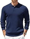 COOFANDY Mens Polo Sweater Long Sleeve Casual Textured Knit Stretch Pullover Sweaters Fall Winter Navy Blue