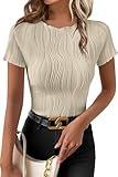 EVALESS Womens Tops Dressy Casual Trendy Summer Short Sleeve Round Neck Textured Blouses 2025 Fashion Slim Cute Lettuce Trim T Shirts Clothes Outfits,Apricot Medium