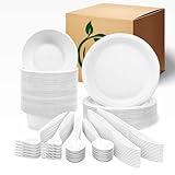 Disposable Plates and bowls set 250 PCS, Compostable Paper Plates with Extra Long Utensils, Microwave Safe Disposable Plates & Cutlery Include Bowls, Forks, Knives and Spoons, 50 Sets Each