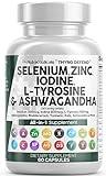 Clean Nutraceuticals Selenium 300mcg Zinc 50mg Iodine 500mcg L Tyrosine 500mg Ashwagandha 6000mg - Thyroid Support Supplement for Women & Men w/Bladderwrack, Turmeric, Kelp, Schisandra - 60 Capsules