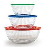 Pyrex Sculpted 3-Pack Glass Mixing Bowls (1.3 QT, 2.3 QT, 4.5 QT) with BPA-Free Lids, Prepping and Baking Food Storage Set, Dishwasher, Microwave and Freezer Safe