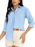 BBIBBI Blue Blouses for Women White Striped Dress Shirt Button Down Womens Light Long Sleeve Blouse With Collar Work Office Top Casually V-Neck Chic Stripe Outfits Fitted Trendy Tops Light Blue Size S