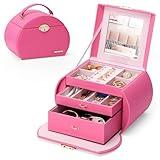 Homde Girls Jewelry Box Jewelry Storage Case Organizer with Mirror for Rings, Earrings, Bracelets, Necklaces (Pink + Gold)