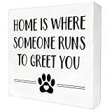 Pet Sign Dog Cat Decor Home Is Where Someone Runs to Greet You Wood Sign for Dog Cat Pet Lovers Home Desk Shelf 5"x 5"