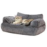 FAMIDGE Cat Couch Bed, Fluffy Cat Bed for Indoor Cats, Calming Pet Sofa Bed Puppy Sleeping Bed with Pillow, Cute Dog Couch for Medium Small Dogs & Cats up to 18lbs(Large, Grey)